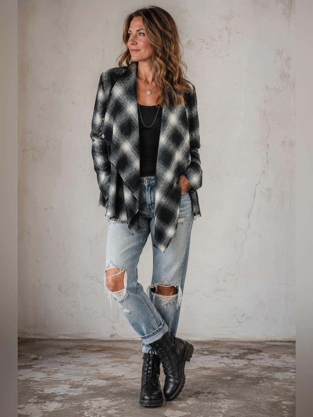90s Grunge Black & Grey Plaid Open Front Draped Jacket | Distressed Hem
